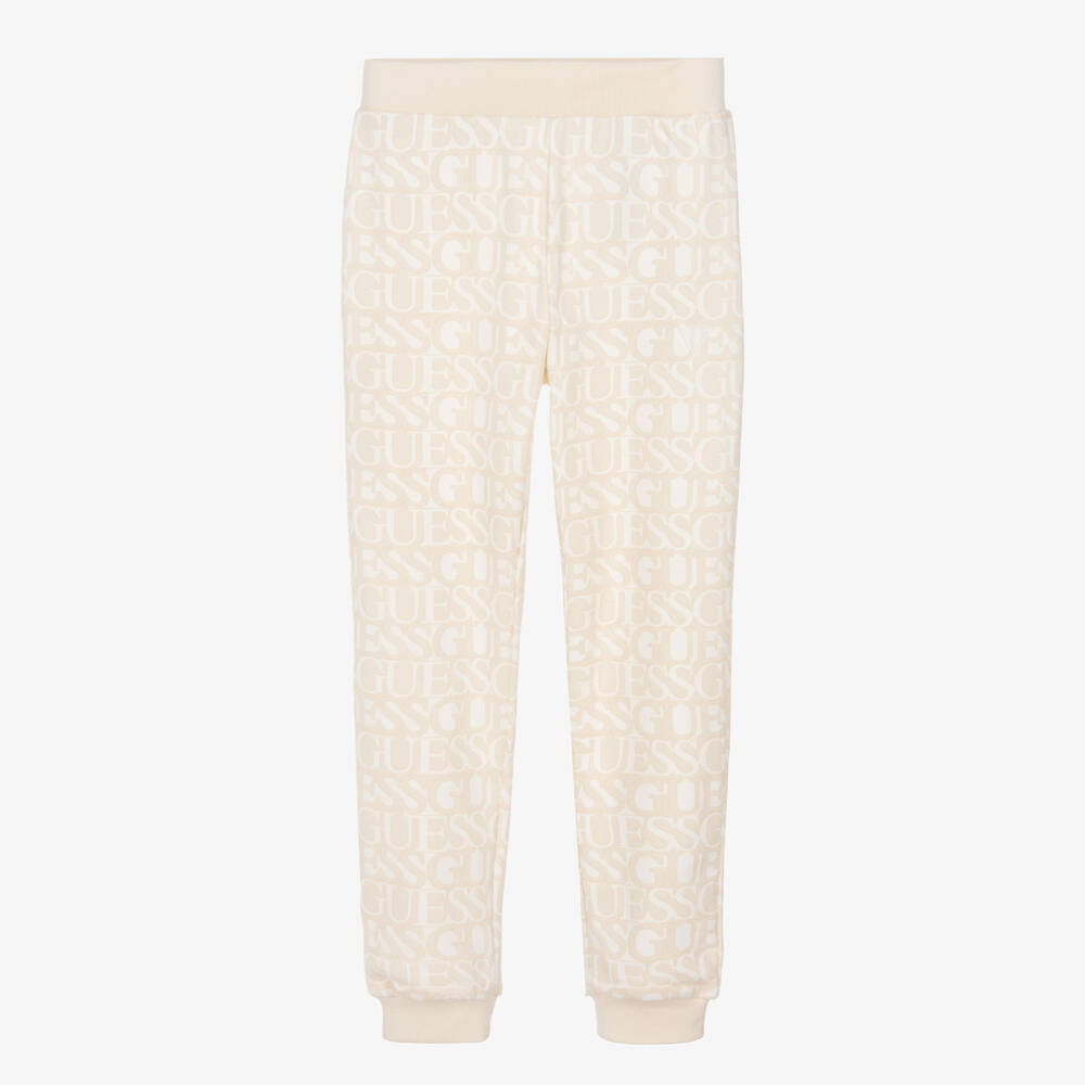 Guess-Girls Beige Logo Cotton Joggers | Childrensalon Outlet