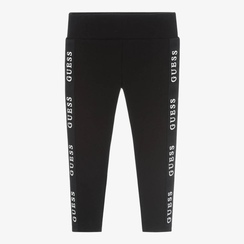 Guess-Girls Black Cotton Leggings with Logo Tape | Childrensalon Outlet