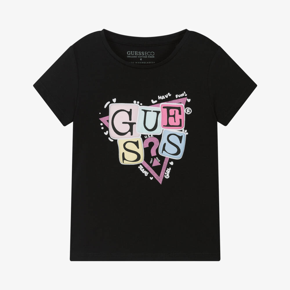 Guess-Girls Black Cotton Logo Tee | Childrensalon Outlet