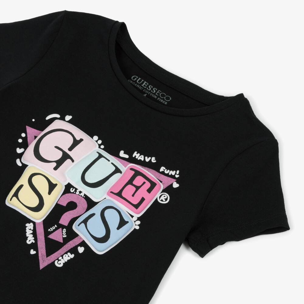 Guess-Girls Black Cotton Logo Tee | Childrensalon Outlet