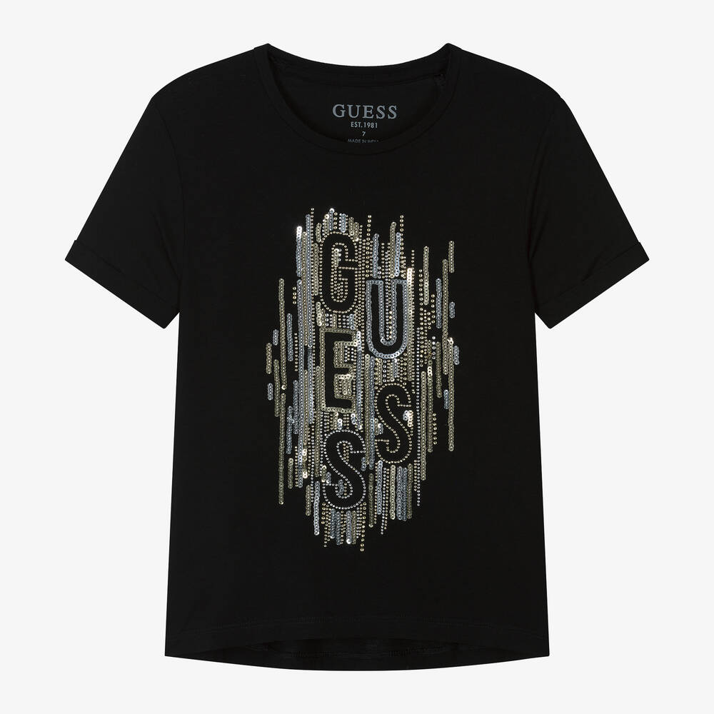 Guess-Girls Black Cotton Sequin T-Shirt | Childrensalon Outlet