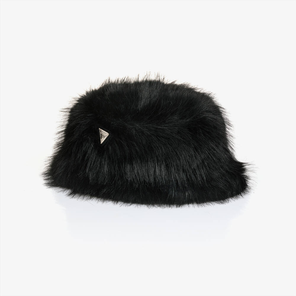 Guess-Girls Black Faux Fur Bucket Hat | Childrensalon Outlet