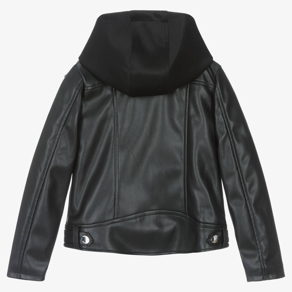 Black faux shop leather hooded jacket
