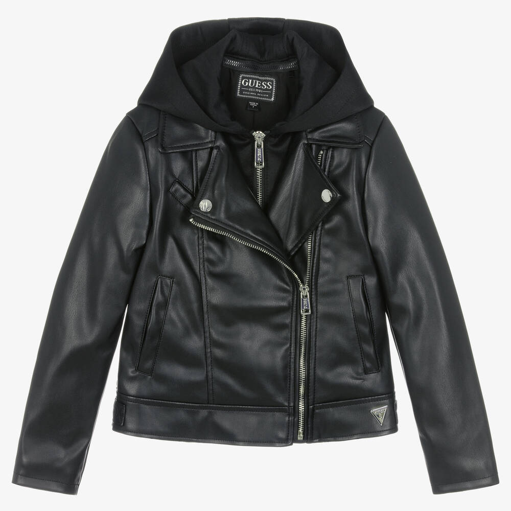 Guess - Girls Black Faux Leather Hooded Jacket | Childrensalon
