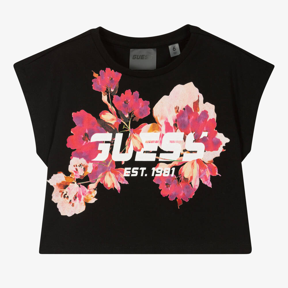 Guess - T-shirt noir en coton à fleurs | Childrensalon