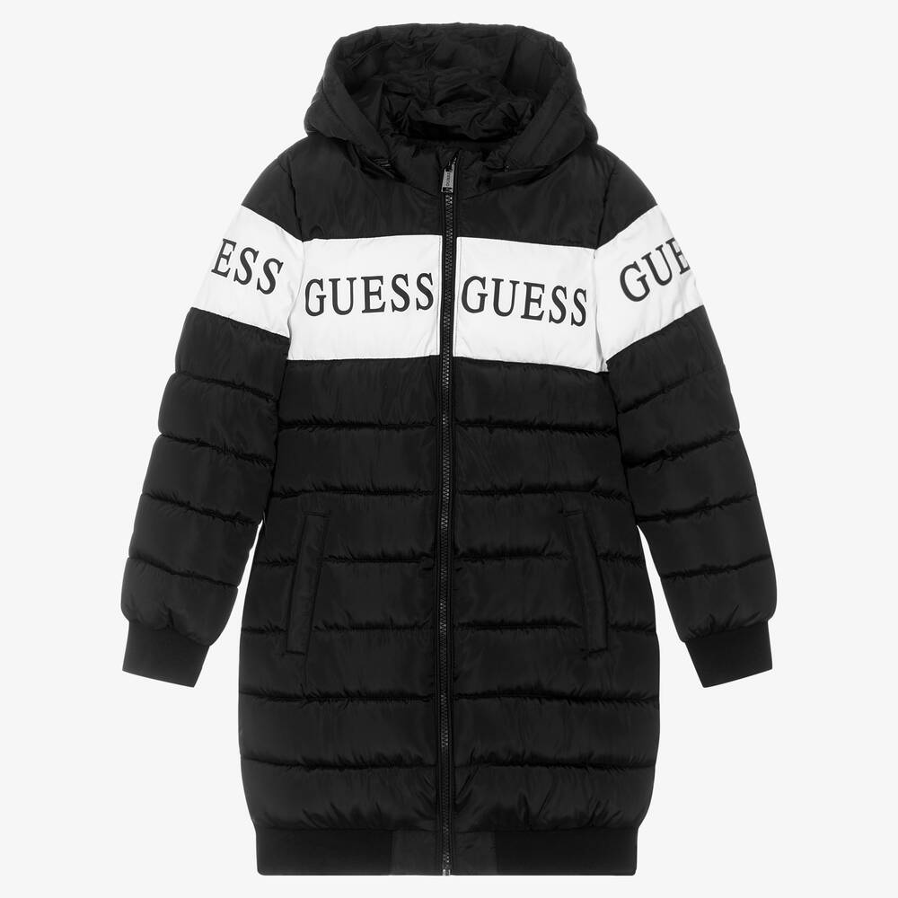 Guess - Girls Black Hooded Logo Puffer Coat | Childrensalon