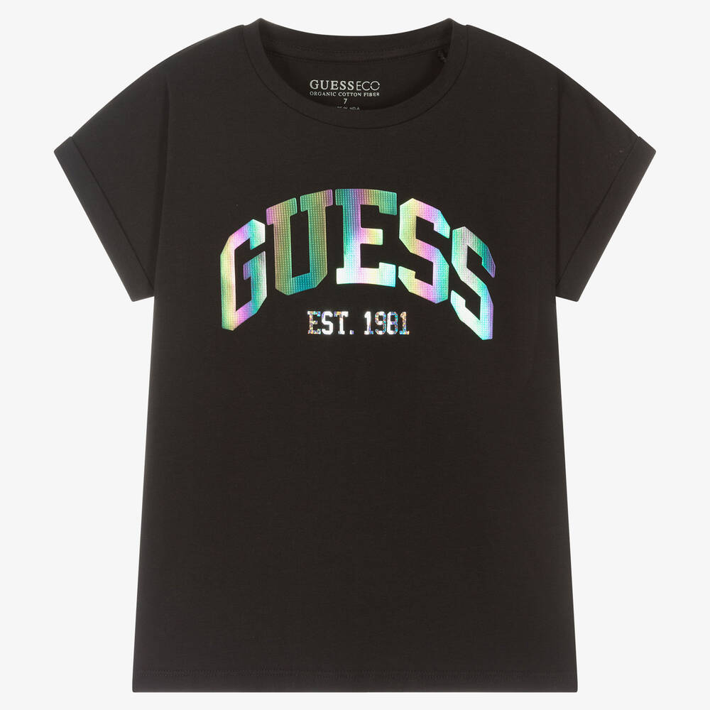 Guess - Girls Black Metallic Logo T-Shirt | Childrensalon