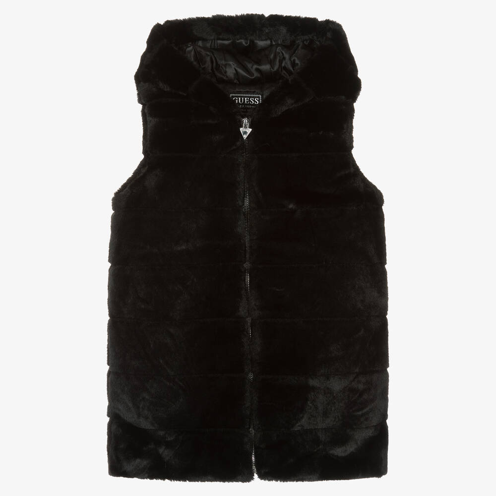 Guess - Girls Black Plush Faux Fur Gilet | Childrensalon