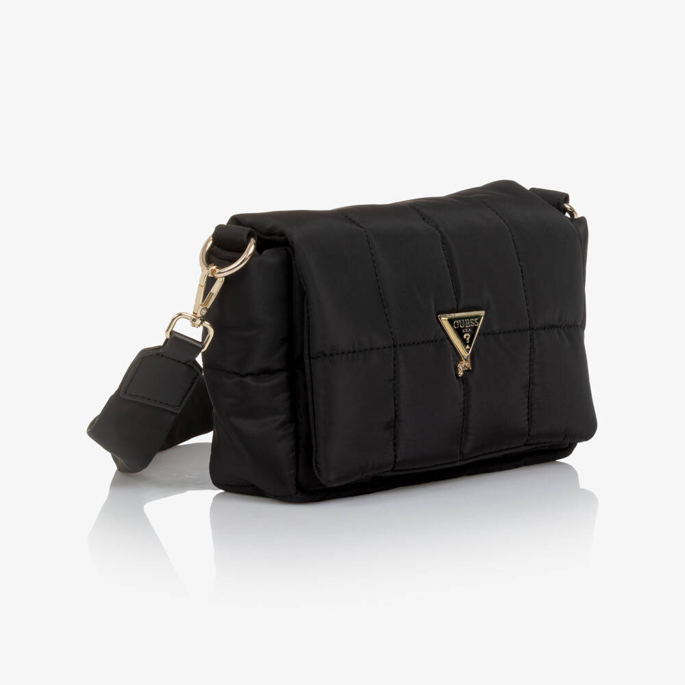 Guess-Girls Black Quilted Shoulder Bag with Triangle Logo (25cm) | Childrensalon Outlet