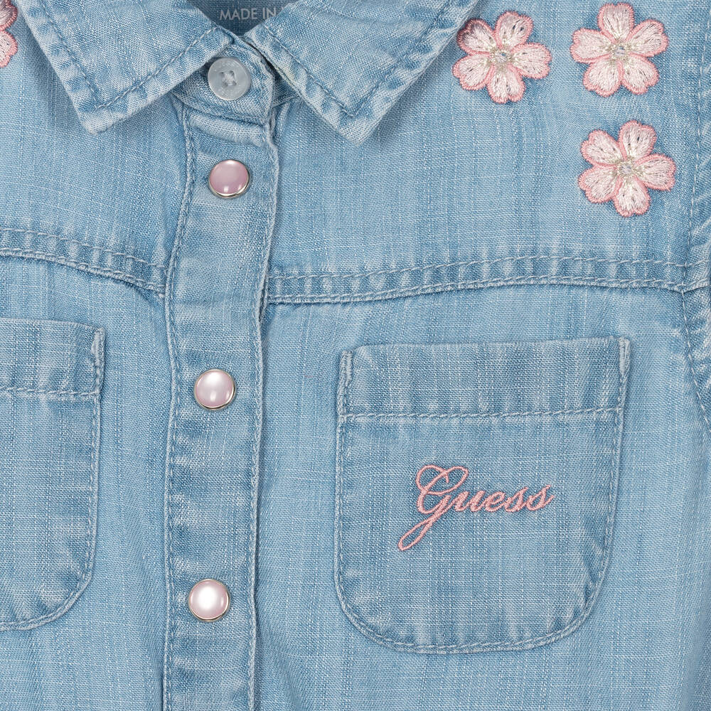 Guess-Голубое платье из шамбре с цветами для девочек | Childrensalon Outlet