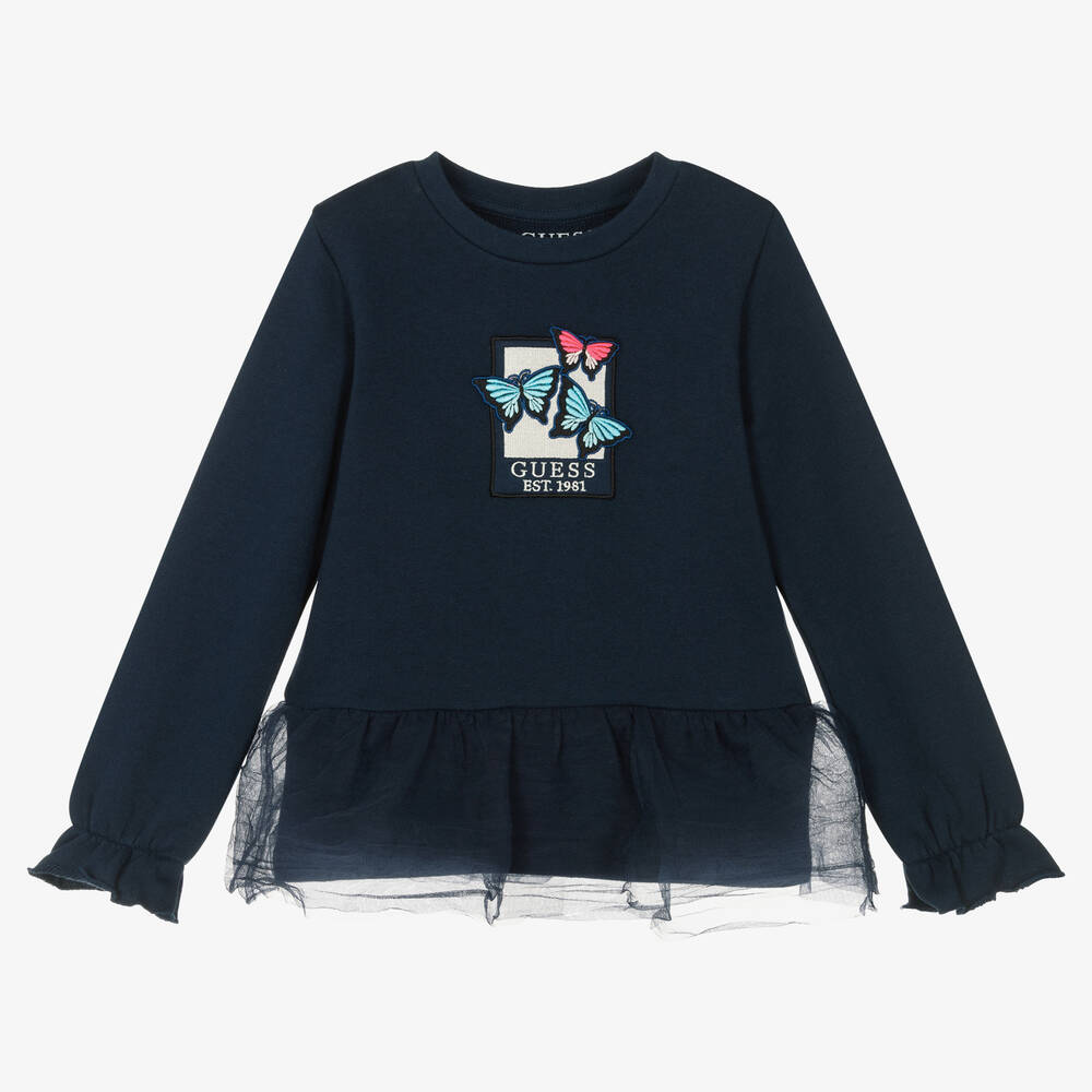 Guess - Sweat bleu en coton papillons fille | Childrensalon