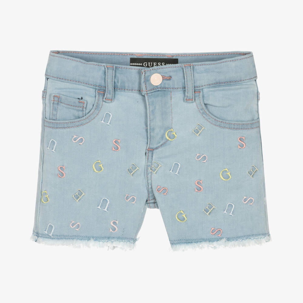 Guess - Girls Blue Denim Embroidered Logo Shorts | Childrensalon