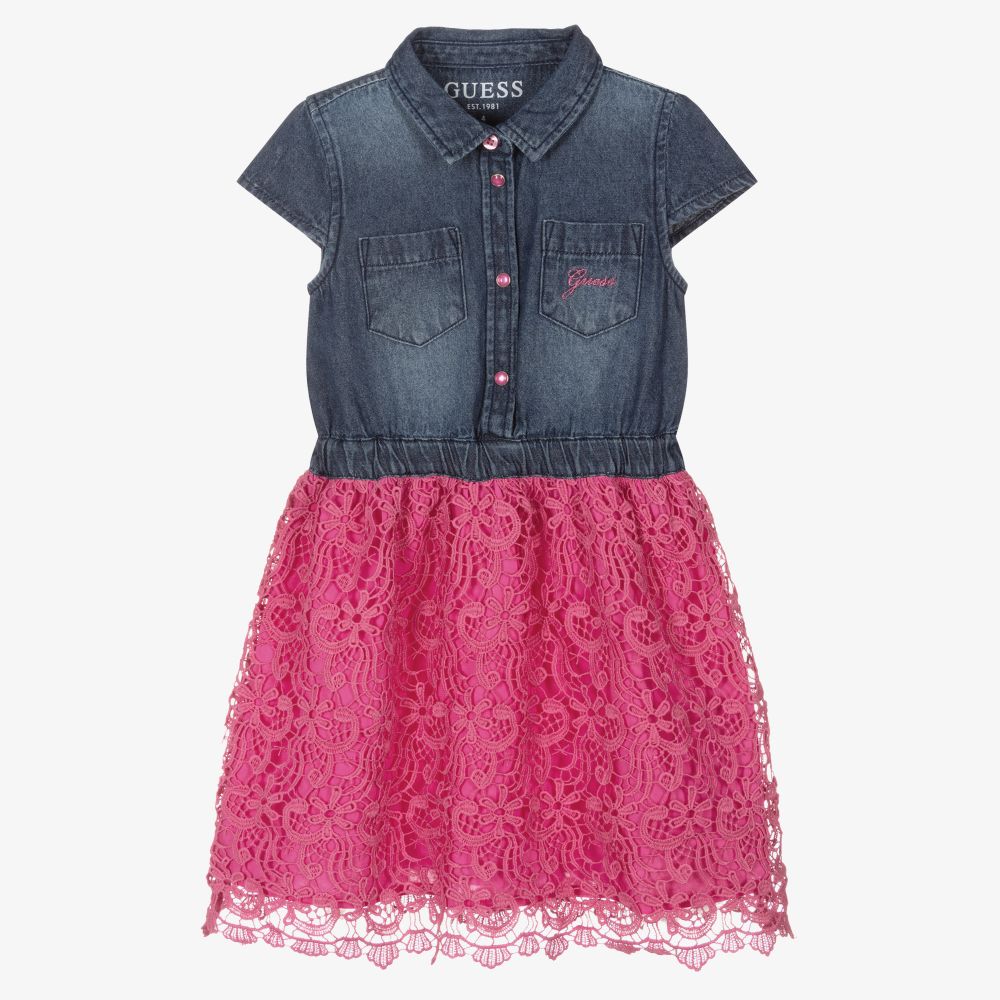 Guess - Robe bleue en jean et dentelle Fille | Childrensalon