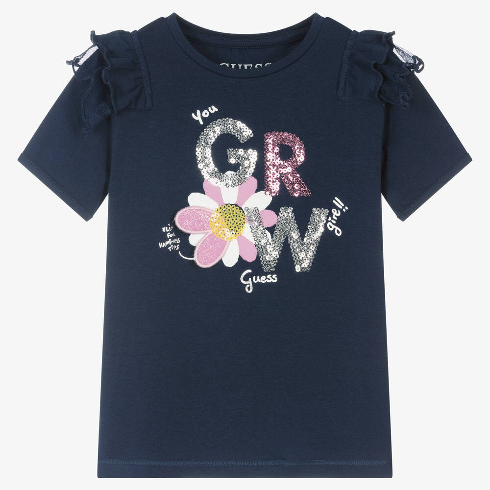 Guess - Blaues Pailletten-T-Shirt mit Blume | Childrensalon