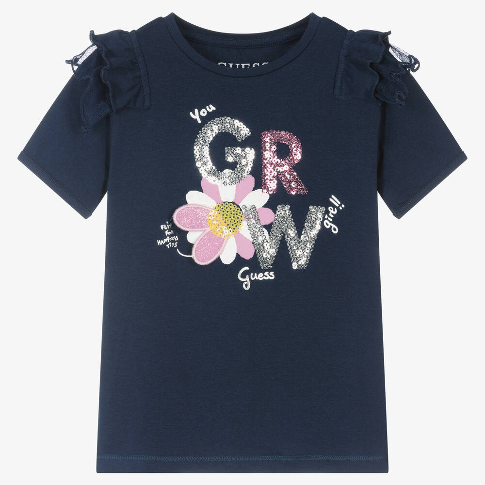 Guess - T-shirt bleu à fleurs et sequins | Childrensalon