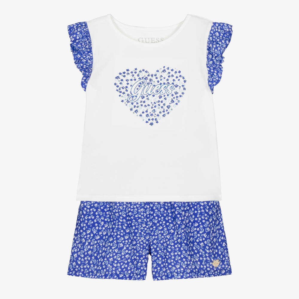 Guess-Girls Blue Heart Print Shorts Set | Childrensalon Outlet