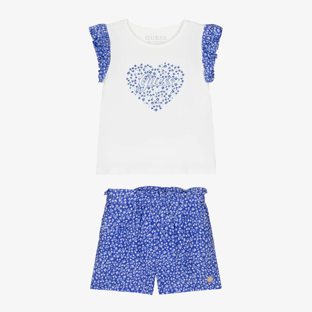 Guess-Girls Blue Heart Print Shorts Set | Childrensalon Outlet