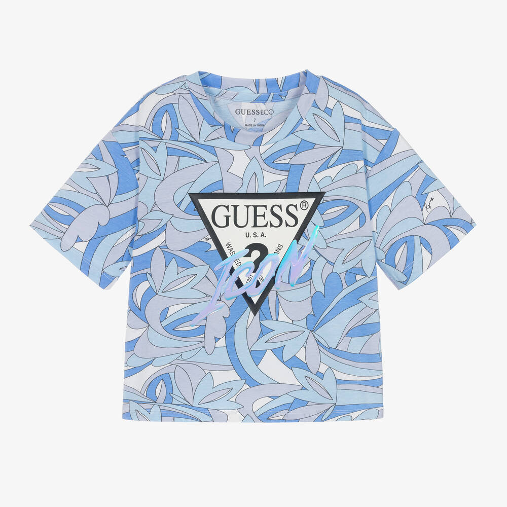 Guess-Girls Blue Icon Cotton T-Shirt | Childrensalon Outlet