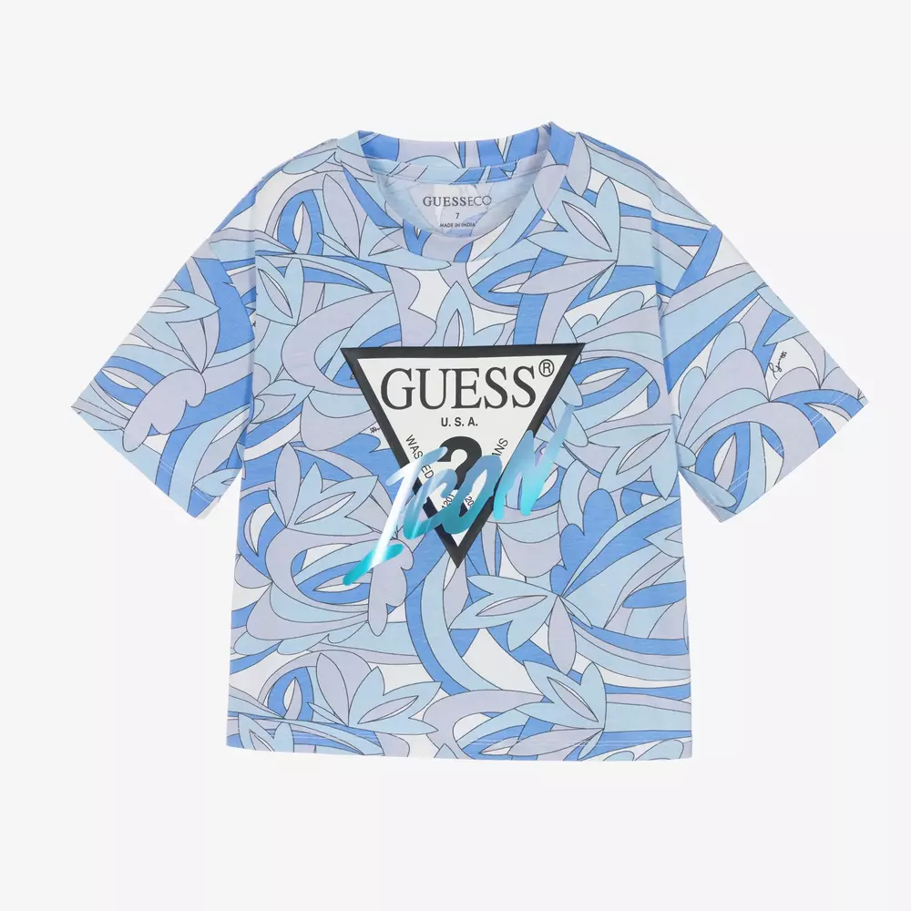 Guess-Girls Blue Icon Cotton T-Shirt | Childrensalon Outlet