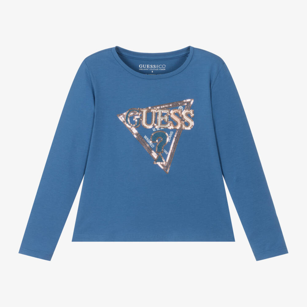 Guess-Синий хлопковый топ с пайетками для девочек | Childrensalon Outlet