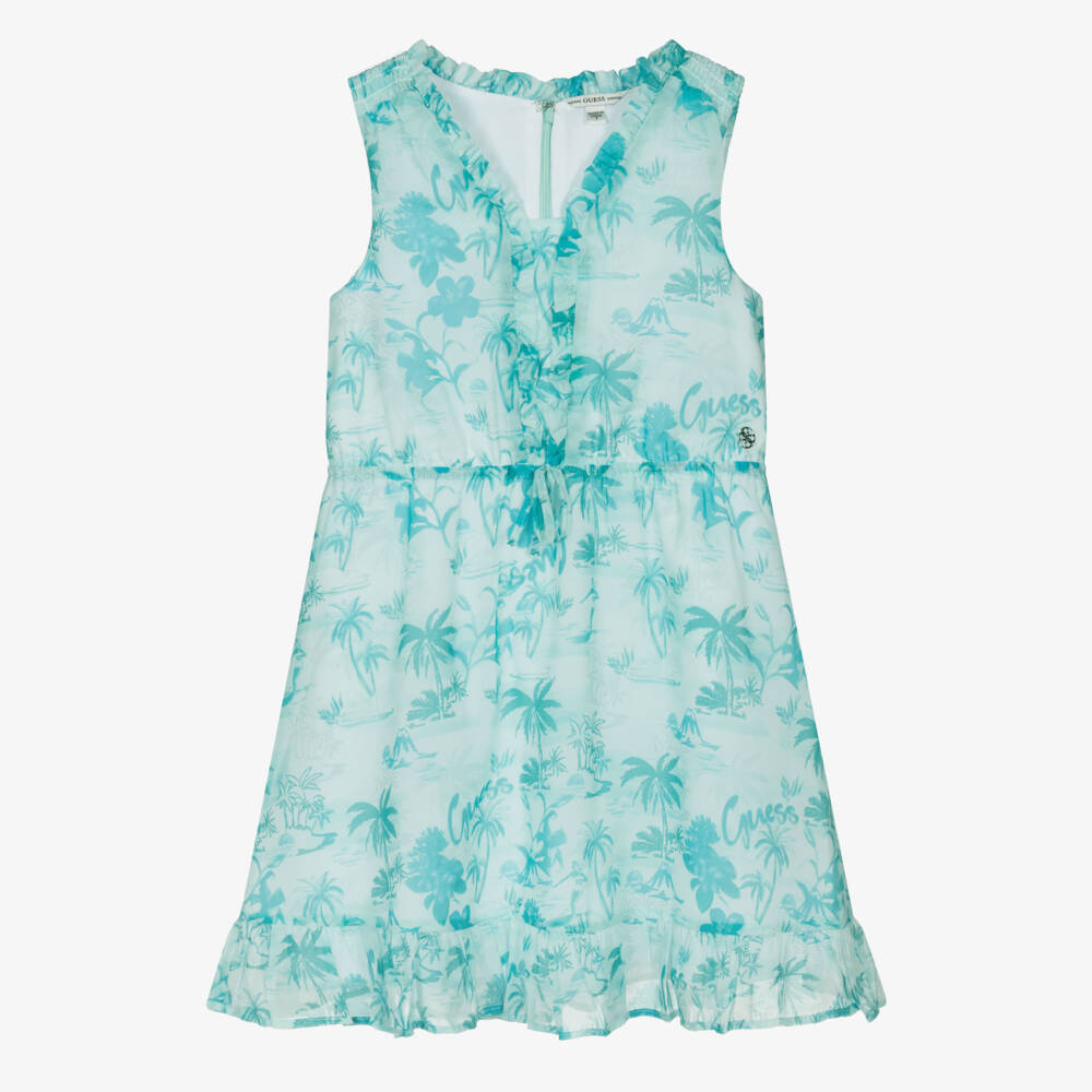 Guess-Платье из шифона с тропическим узором синее для девочек | Childrensalon Outlet