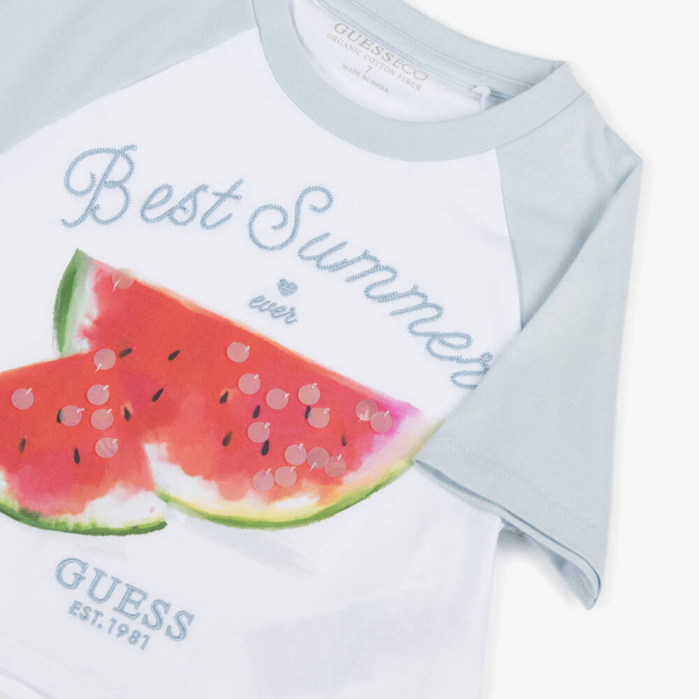 Guess-تيشيرت بناتي أزرق وأبيض بنقشة البطيخ | Childrensalon Outlet