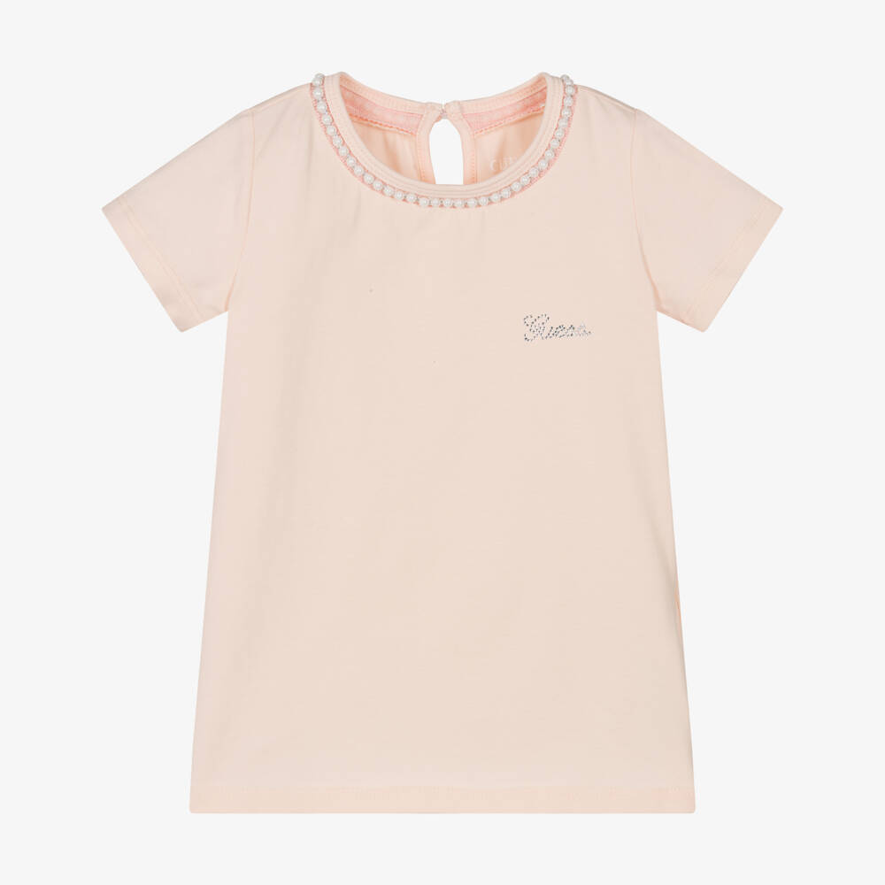 Guess-Футболка с жемчужным декором для девочек в нежно-розовом цвете | Childrensalon Outlet