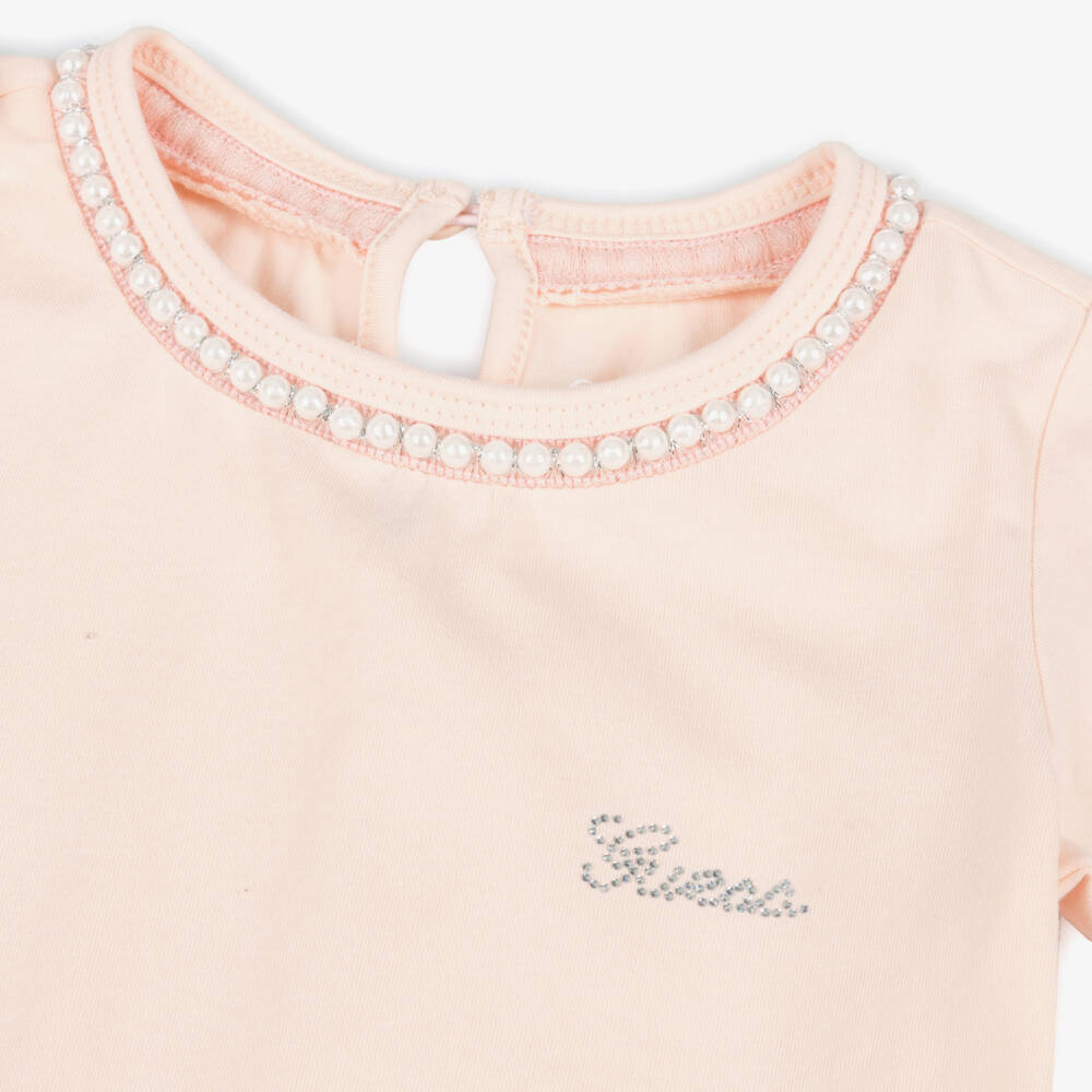 Guess-Футболка с жемчужным декором для девочек в нежно-розовом цвете | Childrensalon Outlet