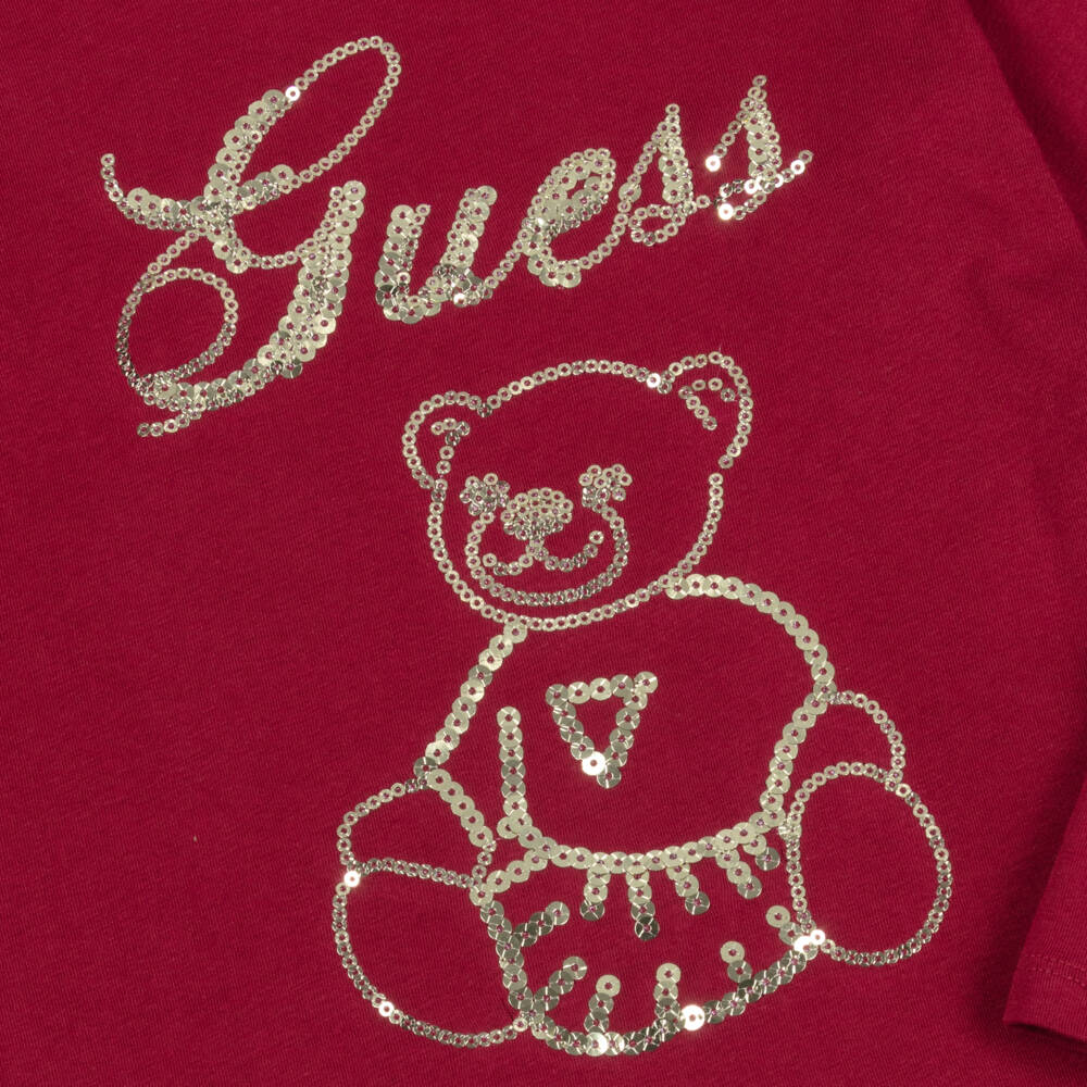 Guess-Girls Burgundy Cotton Top with Gold Sequin Teddy | Childrensalon Outlet