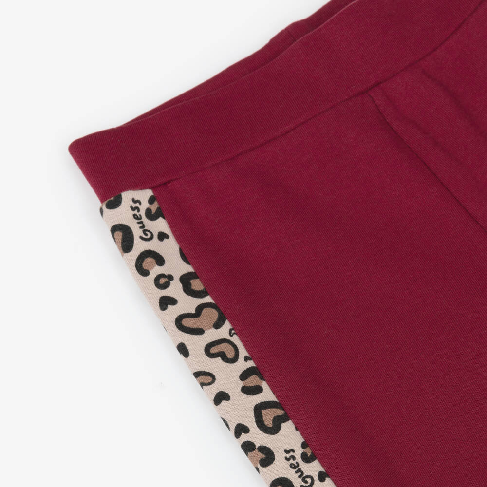 Guess-Girls Burgundy Red Cotton Joggers with Leopard Side Stripe | Childrensalon Outlet