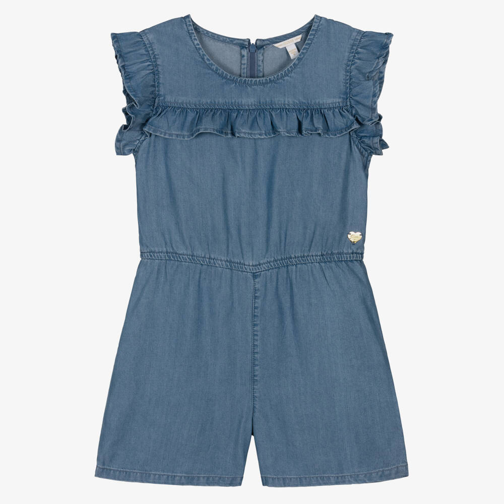 Guess-Girls Chambray Ruffled Blue Romper | Childrensalon Outlet