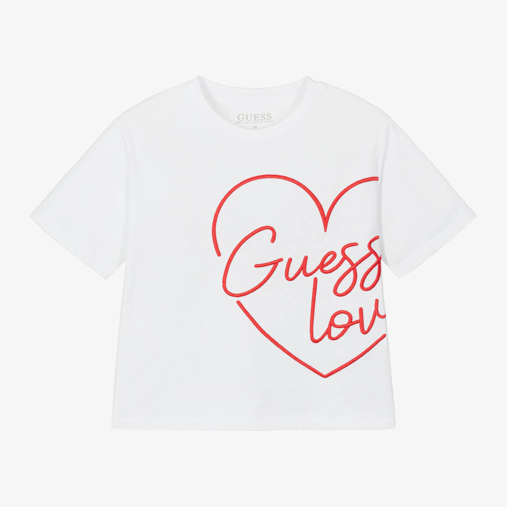Guess-تيشيرت بطبعة قلب قطن لون أبيض للبنات | Childrensalon Outlet