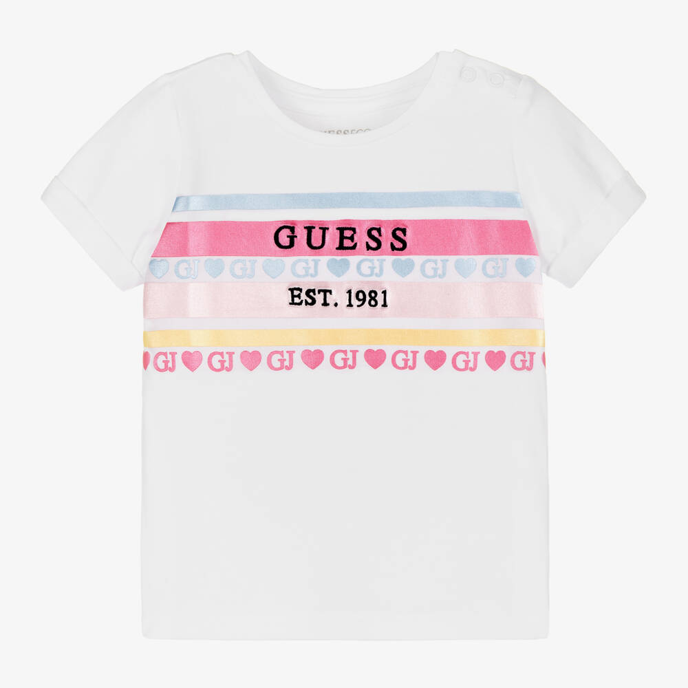 Guess-تيشيرت أطفال بناتي مقلم قطن لون أبيض | Childrensalon Outlet