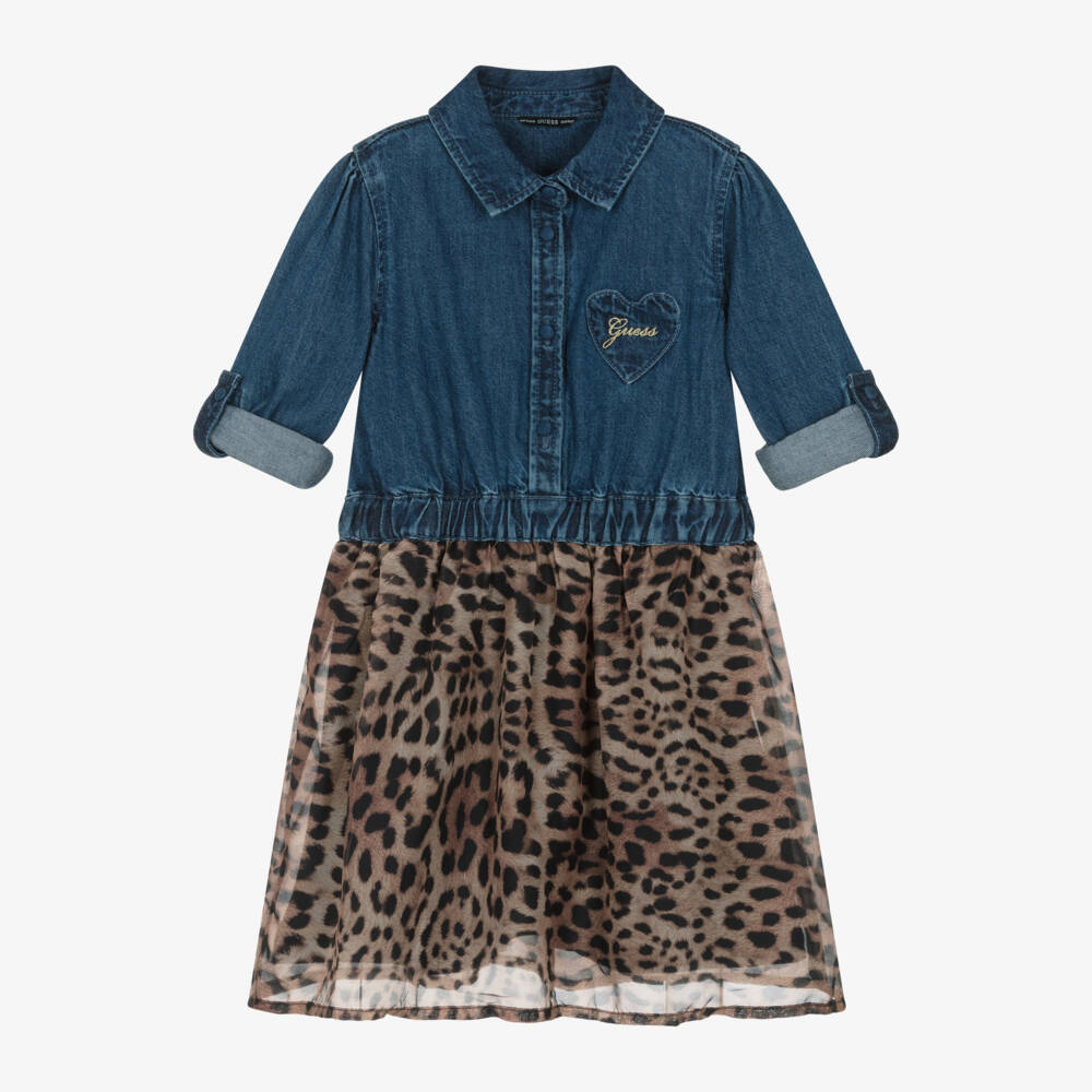 Guess-فستان شيفون بنقشة الفهد ودنيم لون أزرق | Childrensalon Outlet