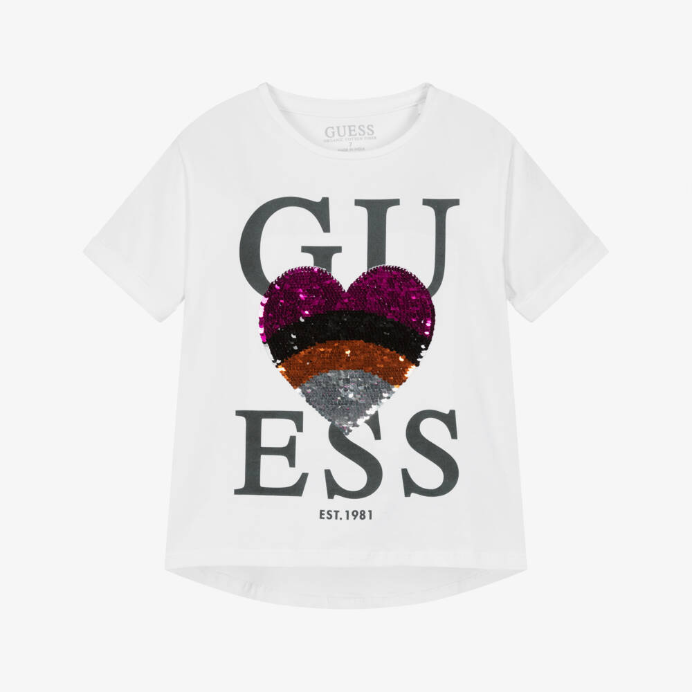 Guess-تيشيرت أبيض أنيق للبنات مزين بقلوب لامعة | Childrensalon Outlet
