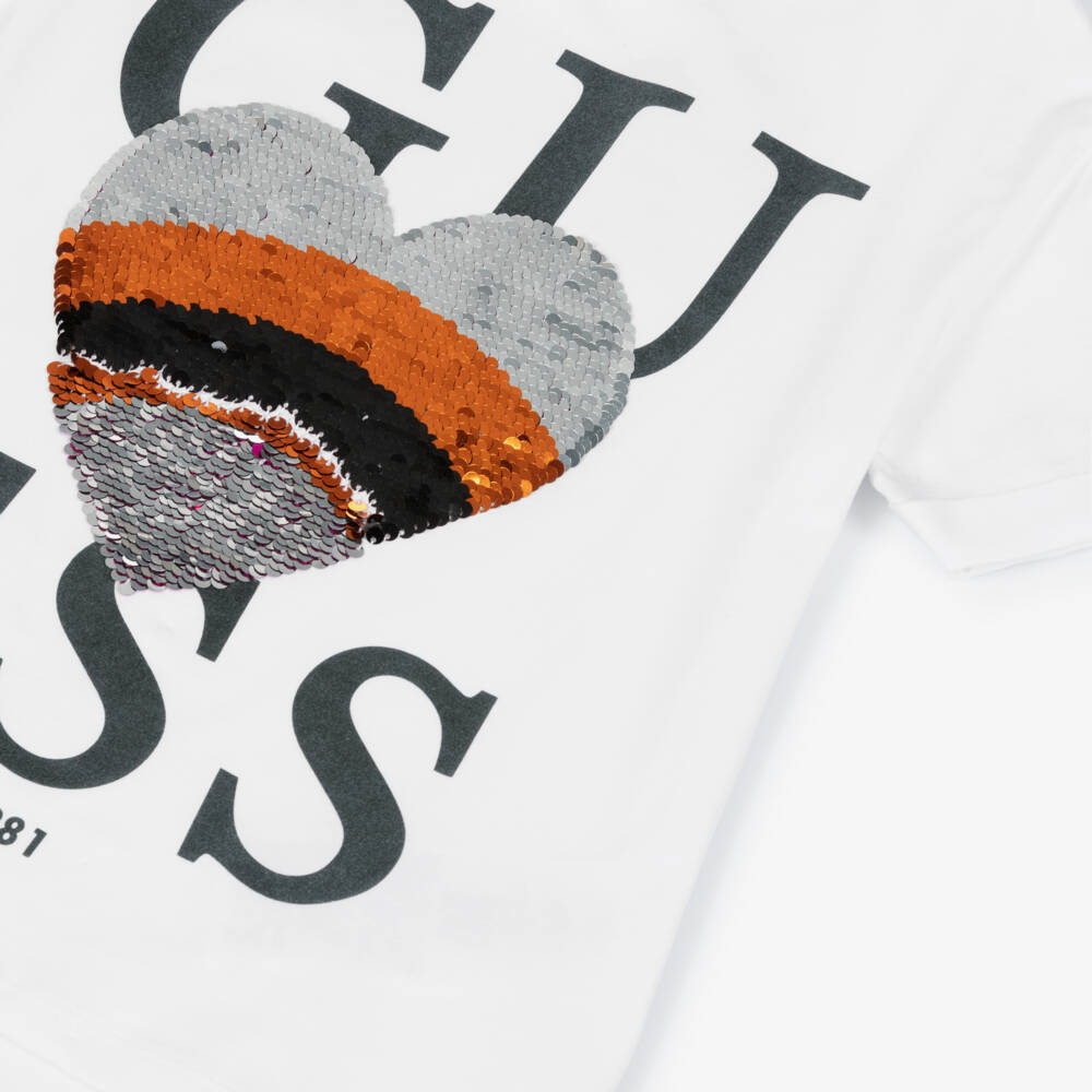 Guess-Girls Elegant White Sequin Heart Tee | Childrensalon Outlet