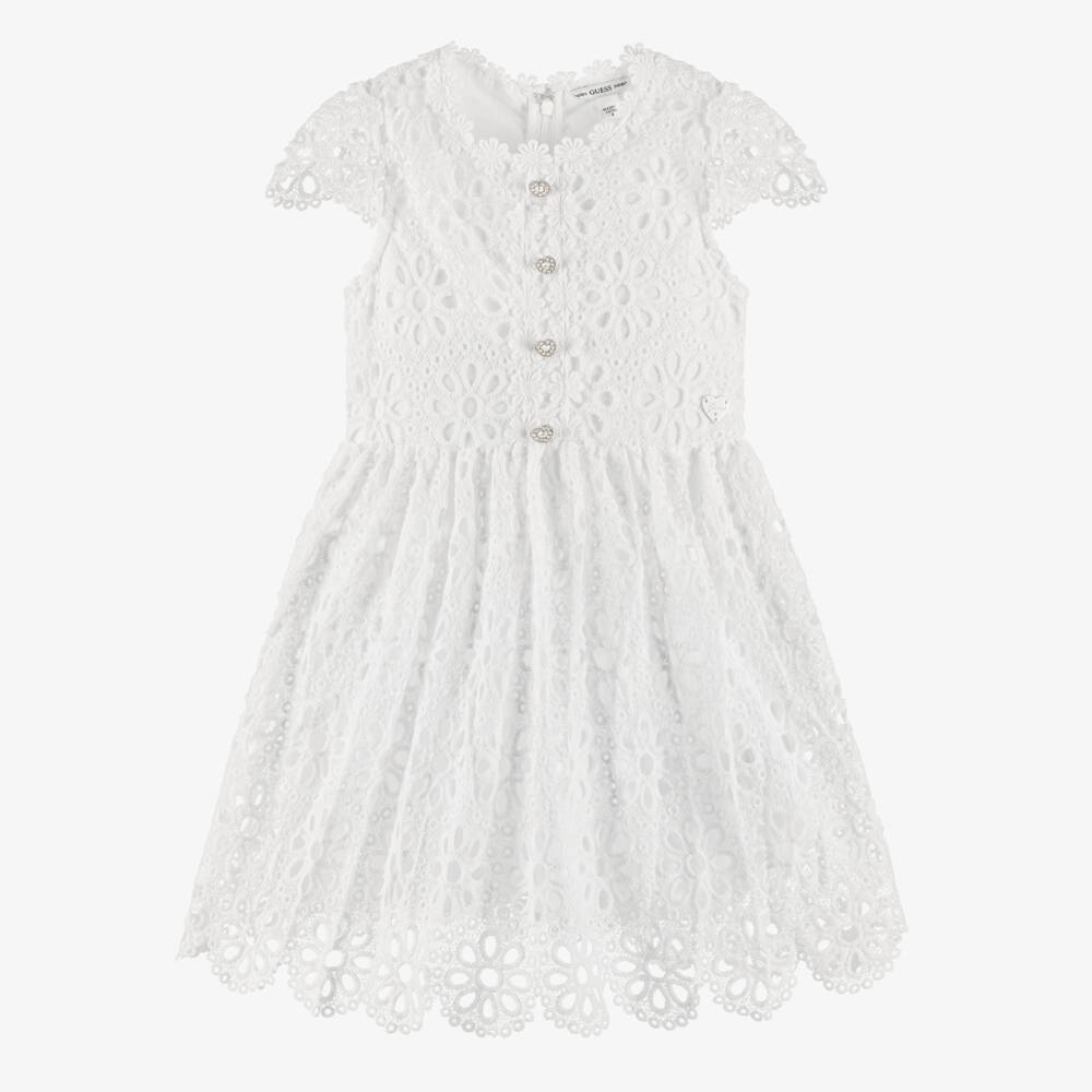 Guess-فستان دانتيل أبيض فاخر للبنات | Childrensalon Outlet