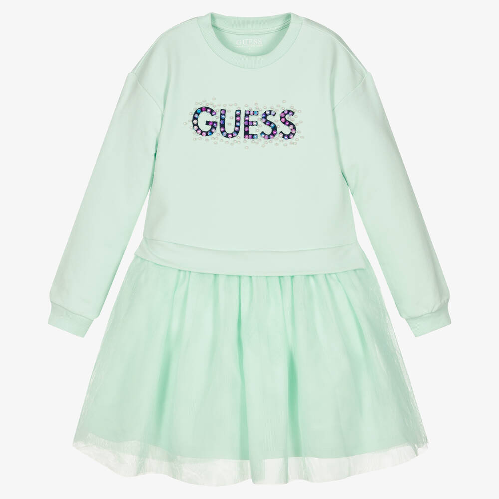 Guess - فستان سويتشيرت توتو قطن جيرسي وتول لون أخضر | Childrensalon