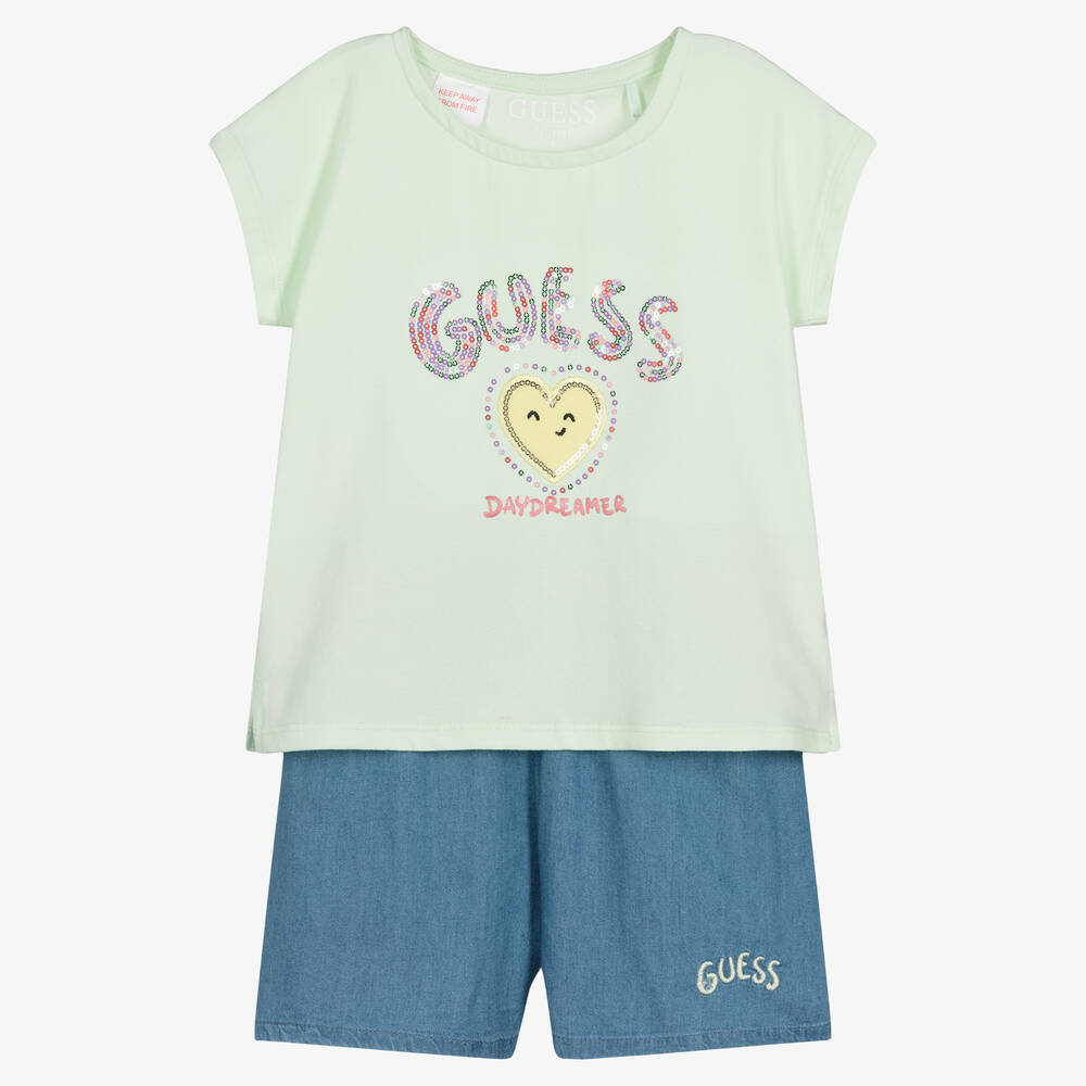 Guess - Girls Green Top & Blue Chambray Shorts Set | Childrensalon