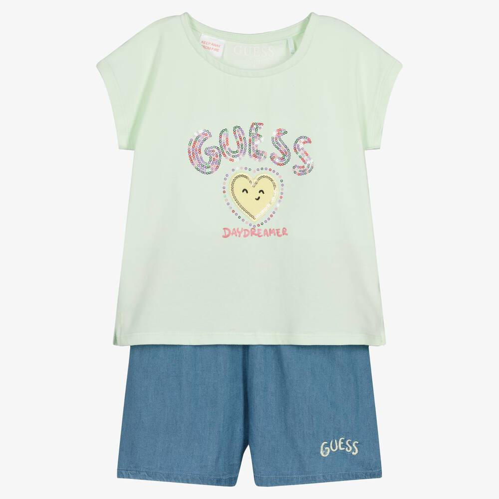 Guess - طقم شورت قطن شامبري لون أخضر وأزرق للبنات | Childrensalon