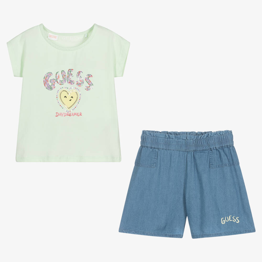 Guess-Girls Green Top & Blue Chambray Shorts Set | Childrensalon Outlet