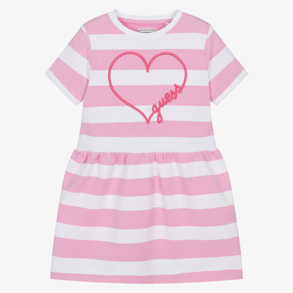 Guess-فستان مخطط وردي للبنات بتطريز قلوب | Childrensalon Outlet