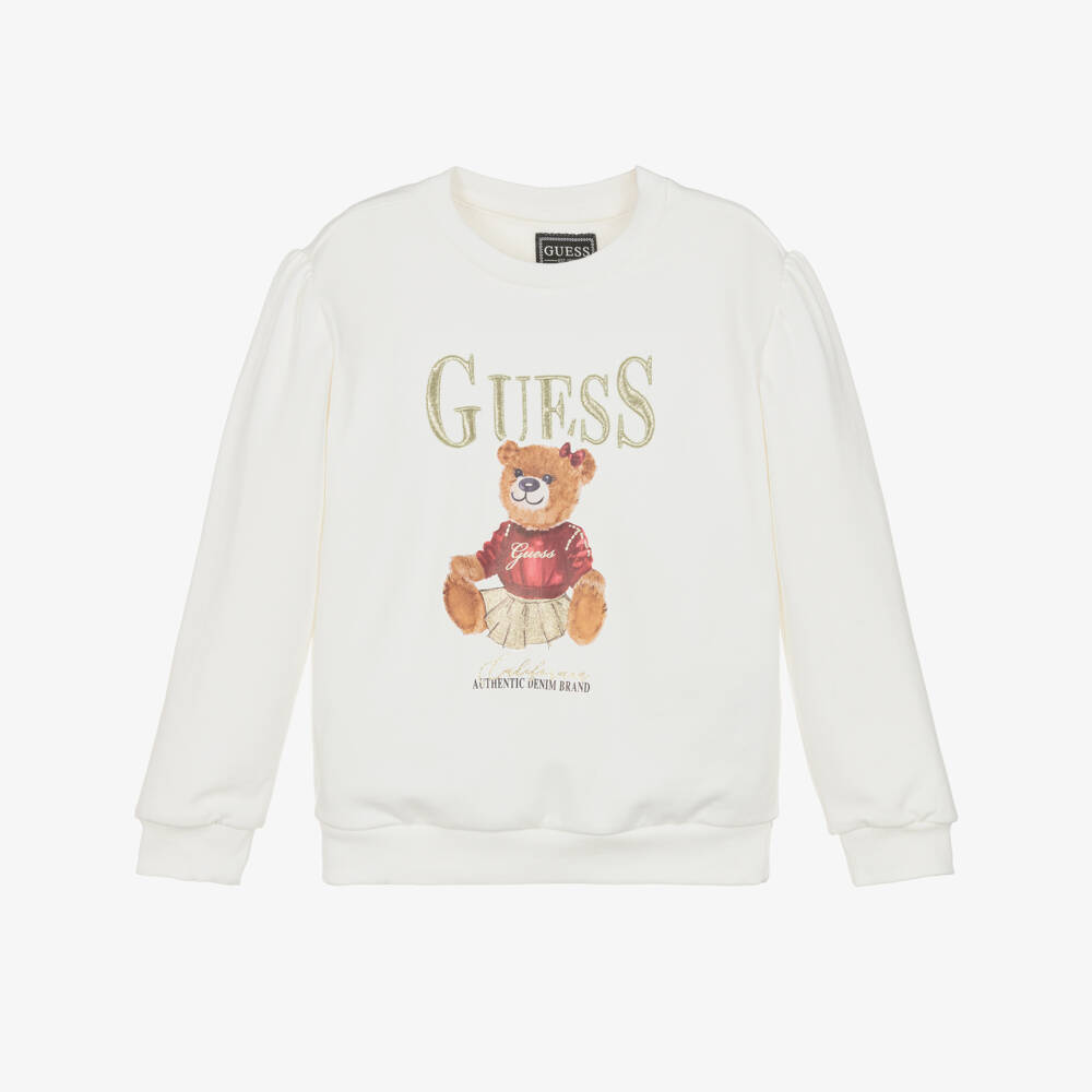 Guess-Girls Ivory Cotton Bear Print Sweatshirt | Childrensalon Outlet