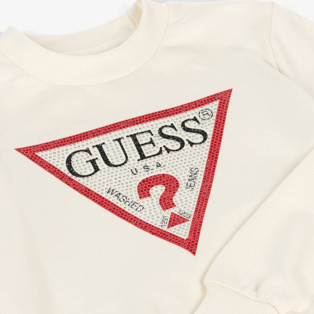 Guess-Girls Ivory Cotton Diamanté Sweatshirt | Childrensalon Outlet