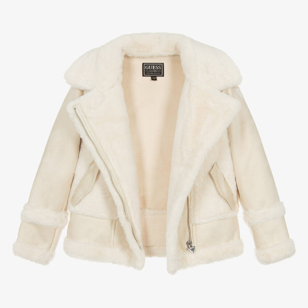Guess Girls Ivory Faux Suede Faux Fur Jacket