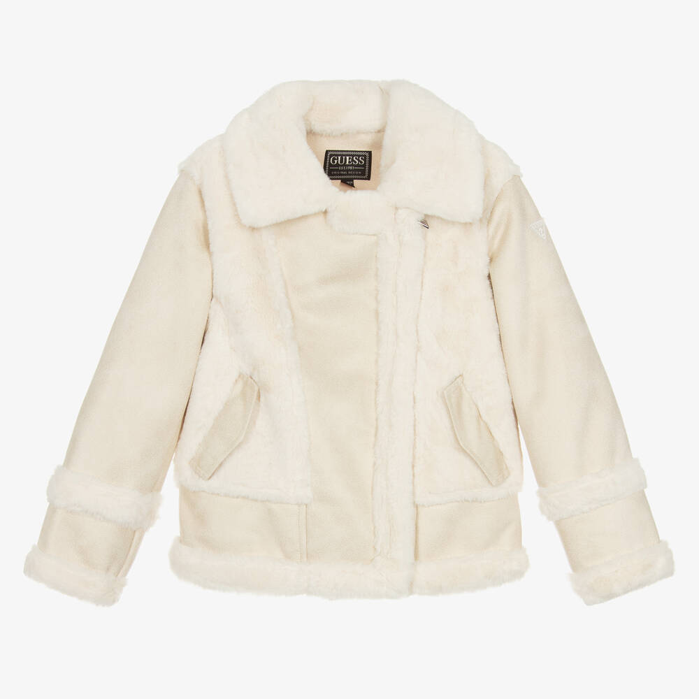 Guess-Girls Ivory Faux Suede & Faux Fur Jacket | Childrensalon Outlet