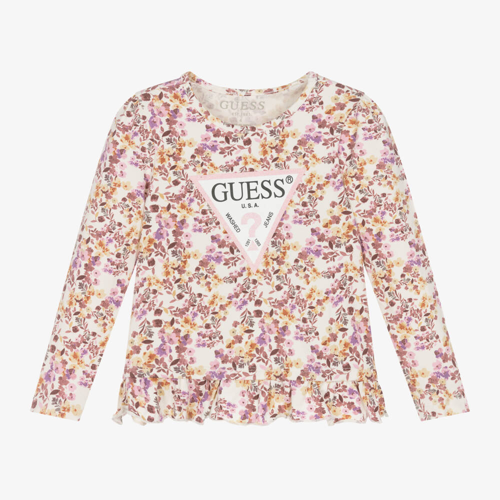 Guess-Girls Ivory Floral Long Sleeve Tee | Childrensalon Outlet