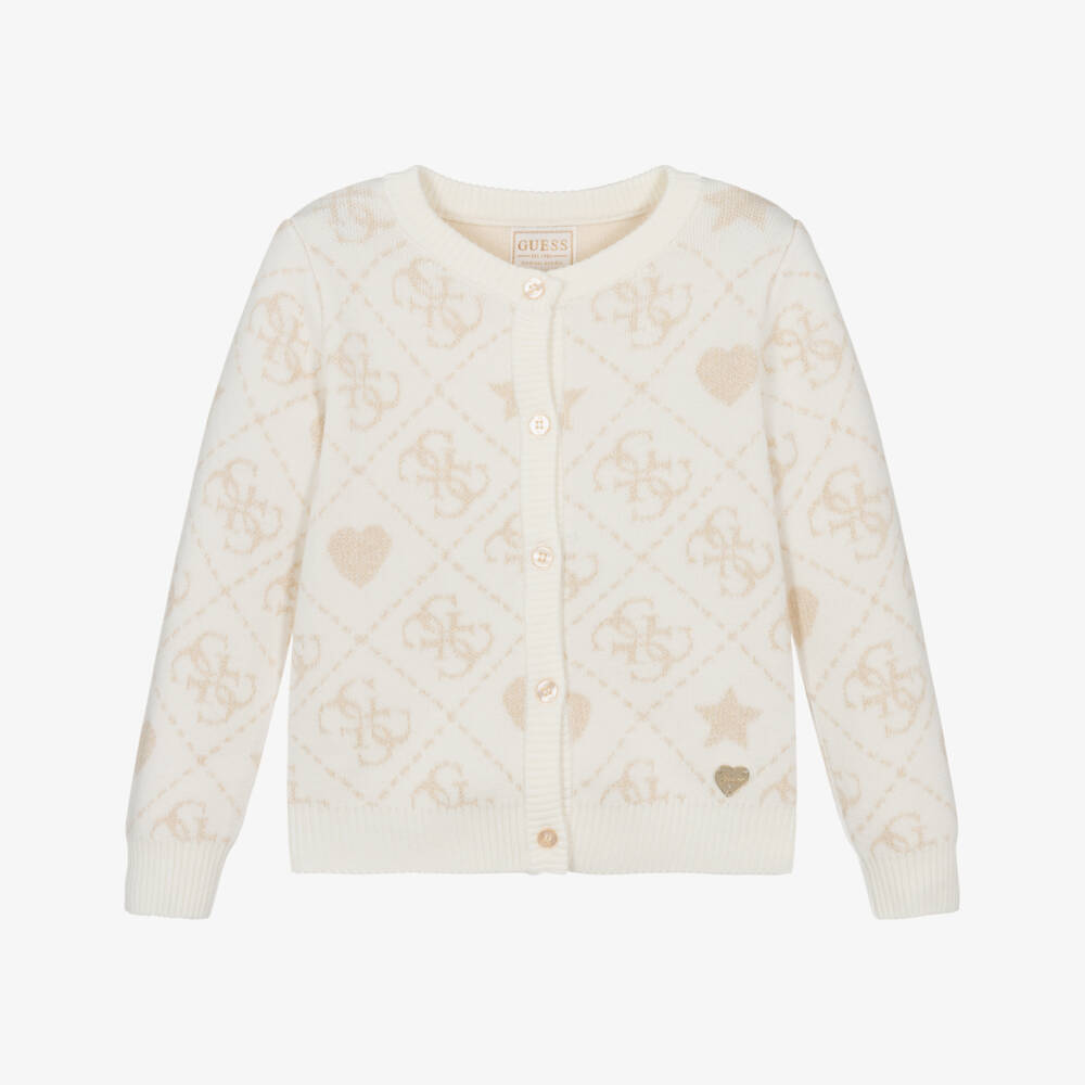 Guess-Girls Ivory & Gold 4g Logo Knitted Cardigan | Childrensalon Outlet