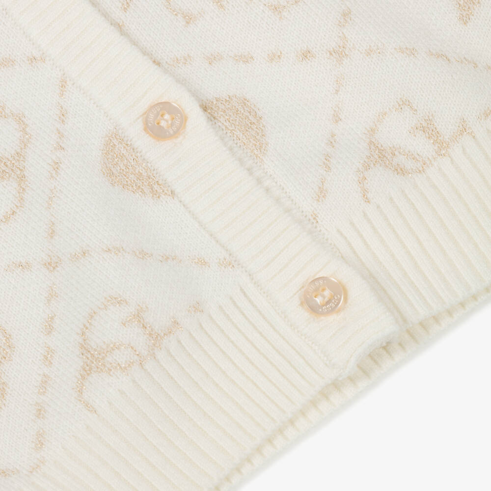 Guess-Girls Ivory & Gold 4g Logo Knitted Cardigan | Childrensalon Outlet