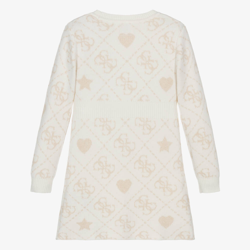 Guess-Girls Ivory & Gold 4g Logo Knitted Dress | Childrensalon Outlet